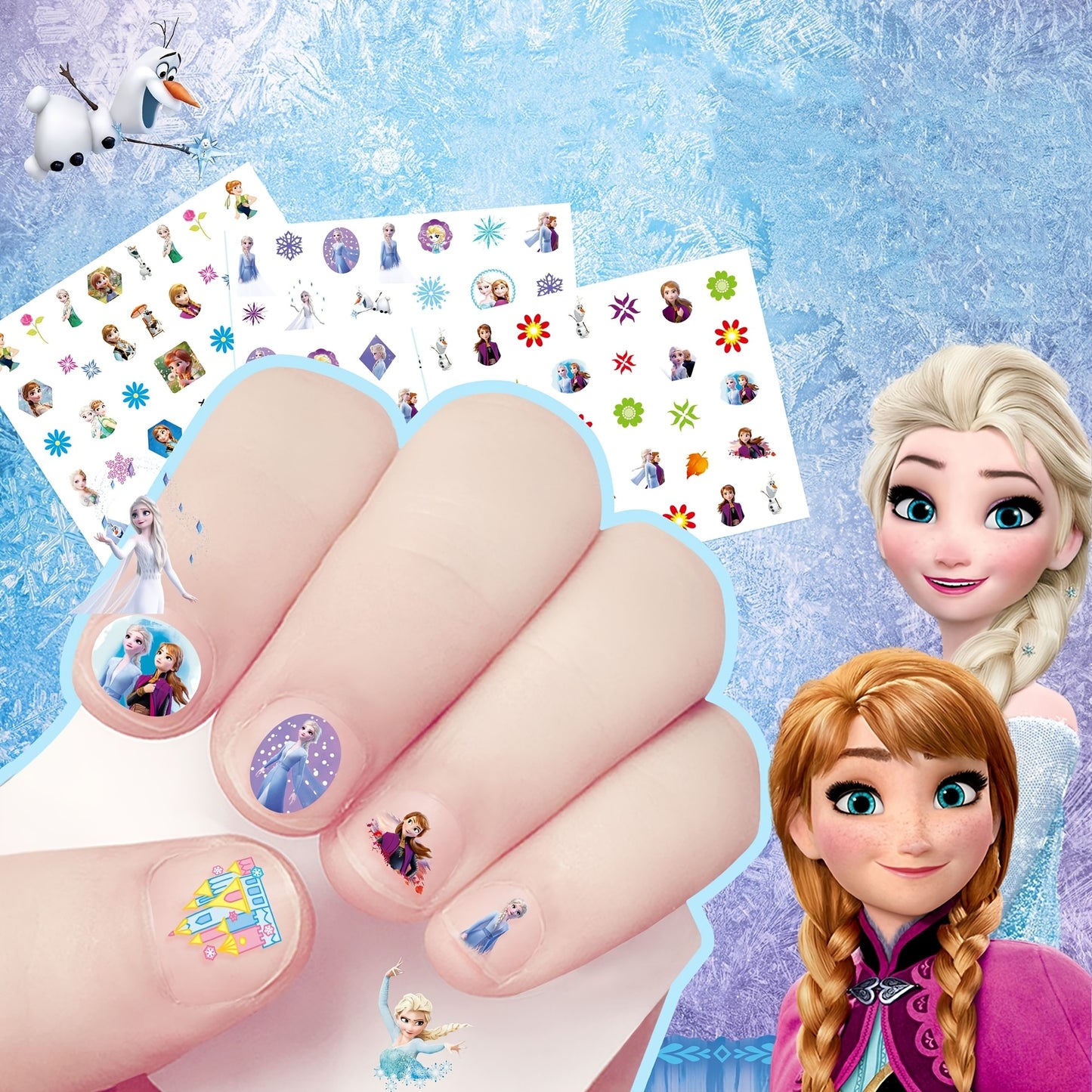 5pcs Frozen Princess Nail Stickers, Cartoon Glitter Self-Adhesive Plastic Nail Art, Shimmery Irregular Shape, Single Use, Unscented, Anime Theme