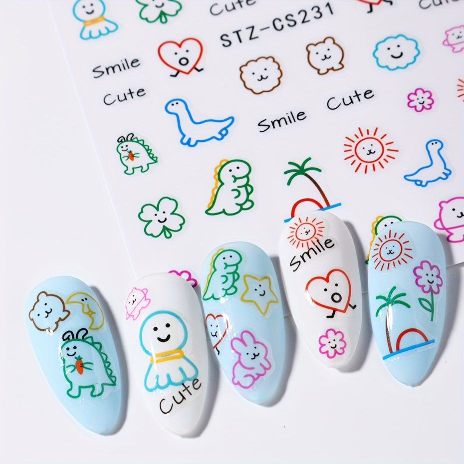 FULL BEAUTY Cartoon Animal Nail Art Stickers - Kawaii Dinosaur & Japanese Style Sun Face Decals, Maple Leaf Manicure Decor, Hypoallergenic Plastic Self-Adhesive Embroidered Single Use Embellishments with Shimmery Finish for Plastic Surfaces