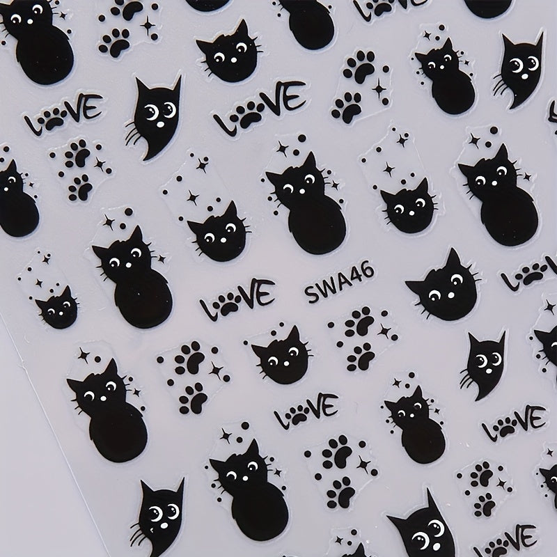 2pcs Cute Graffiti Cat Nail Art Stickers - Black & White, Self-Adhesive Decals for DIY Manicure, Hypoallergenic, Matte Finish, Cat Nail Stickers, Hand Drawn, Animal Wear, Nail Art Charm Design