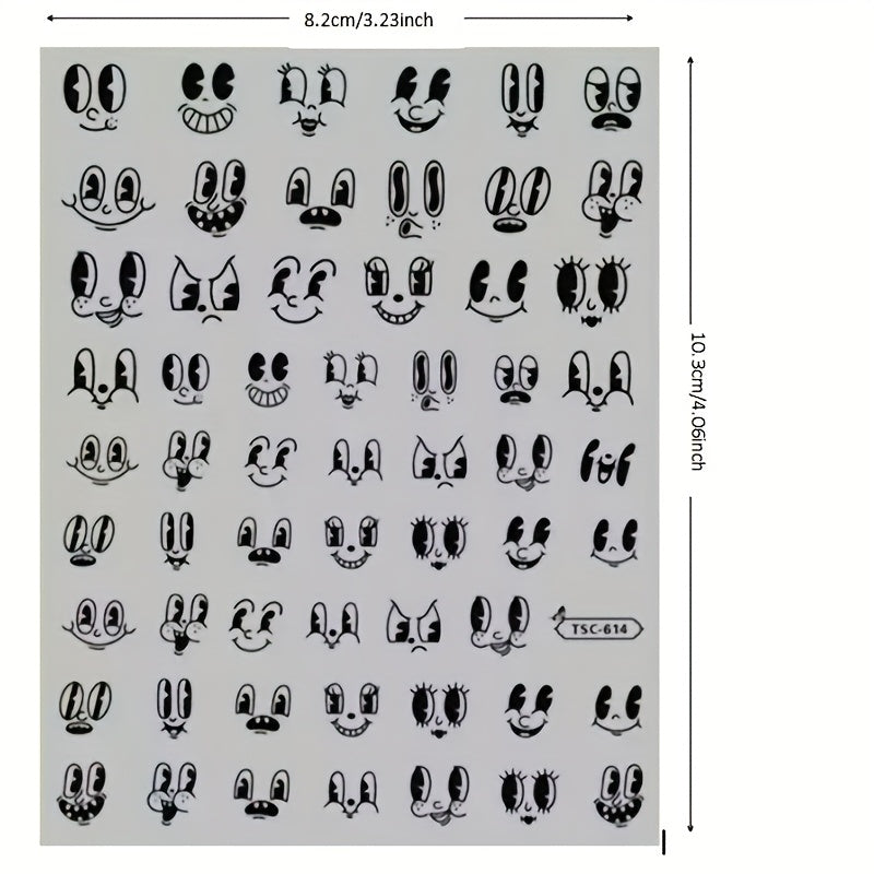 1 Sheet Black Cartoon Expression Nail Stickers, Self-Adhesive Plastic Nail Art Decals, Fantasy Themed Shimmery Finish, Rectangle Shape, Single Use, Glitter Embellishment, Unscented - DIY Manicure Decor