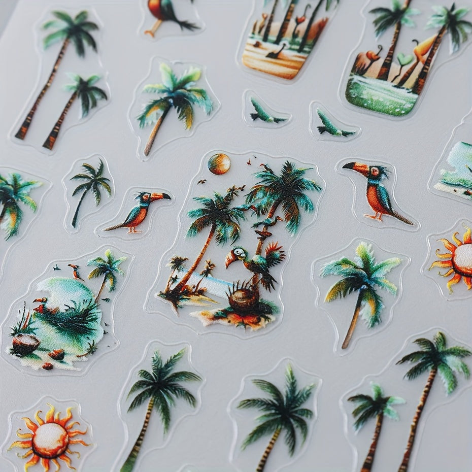 FULL BEAUTY Tropical Nail Art Stickers Decals - 2 Pcs 3D Self-Adhesive Palm Tree, Flamingo & Hibiscus Flower Designs, Glitter Finish Fantasy Embellishments for Manicure, Hypoallergenic Plastic Nail Sliders with Coconut Tree Patterns for Plastic Surfaces