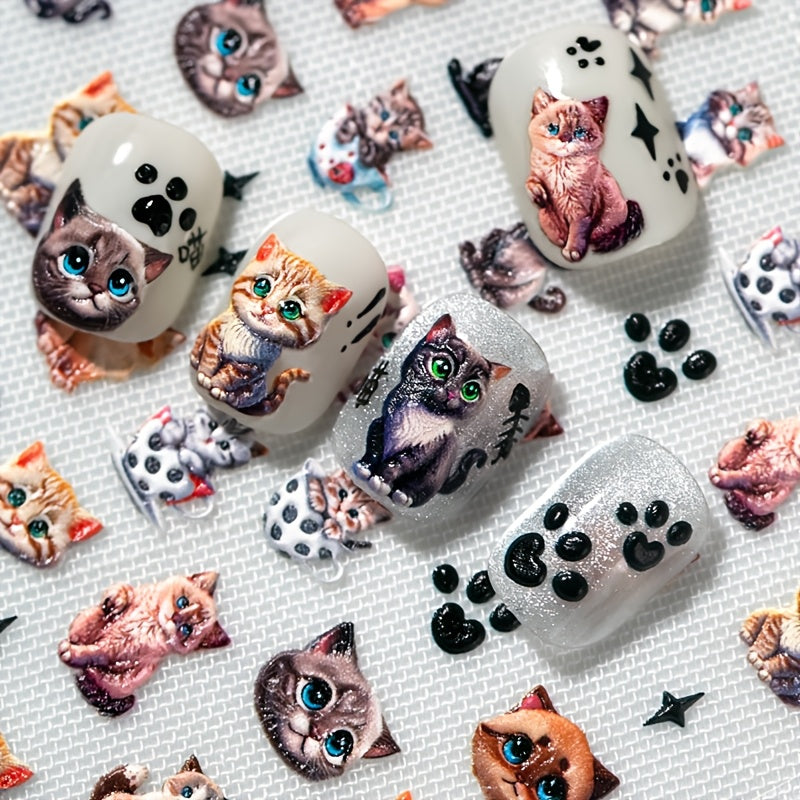 1 set of relief big eyed pet cat nail art stickers, blue cat, big eyed cat head, teacup cat, black cat, cat scratch, fish bone and other nail art materials, suitable for personal DIY use