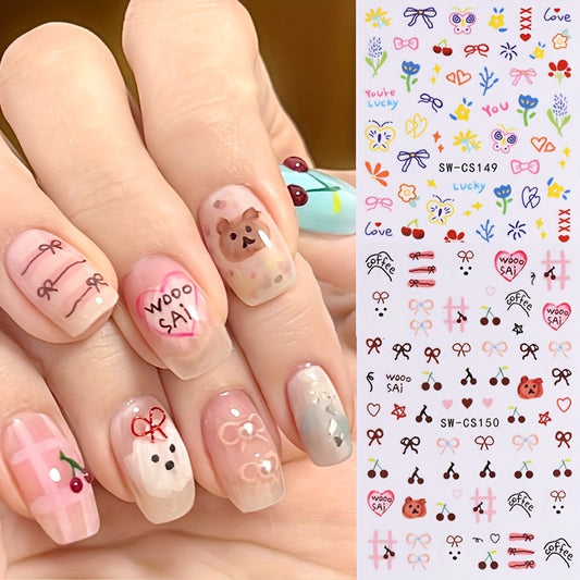 3pcs Cute Cartoon Animal Nail Art Stickers - Self-Adhesive Puppy, Bowknot, Cherry, Butterfly & Heart Designs with Sparkle Finish - Perfect for DIY Manicures & Salon Quality Nails - Fragrance-Free Accessories for Women and Girls, Nail Stickers