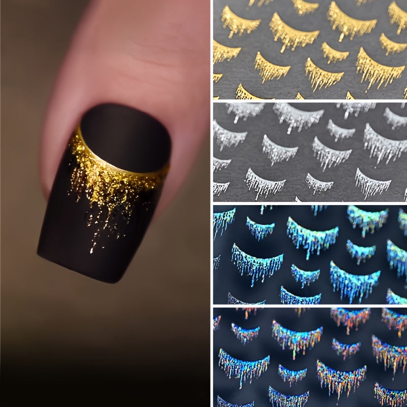 4pcs Hypoallergenic Aurora Gradient French Nail Stickers with Crown & Tassel Designs - Self-Adhesive, Shimmering Golden Foil Waterfall Effect, Disposable Paper Nail Decals for Elegant Manicures, Nail Tech Supplies