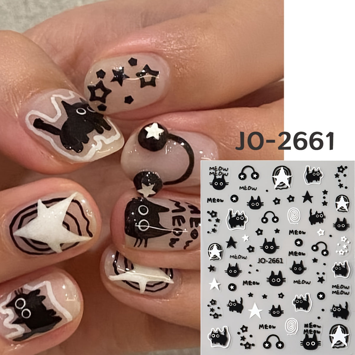 Music Black Cat Star Cartoon Cute Dog Nail Art Stickers, Black White Graffiti Animal Nail Decals DIY Nail Supplies Charms Decorations