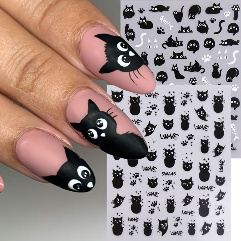 2-Pack Black Cat Nail Art Stickers, Halloween Cartoon Animal Self-Adhesive Decals, DIY Nail Salon Art Decorations, Plastic Unscented Shimmery Finish, Animal Print with Glitter, Single Use for Women