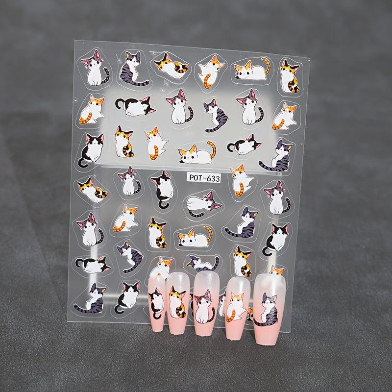 2pcs 5D Embossed Cute Cartoon Cat Nail Art Stickers - Colorful Animal Designs for DIY or Salon, Self-Adhesive Decals for Women's Party Looks & Gifts