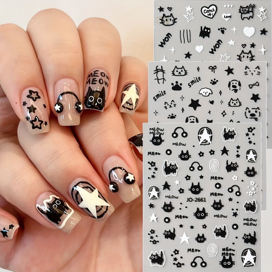 Music Black Cat Star Cartoon Cute Dog Nail Art Stickers, Black White Graffiti Animal Nail Decals DIY Nail Supplies Charms Decorations