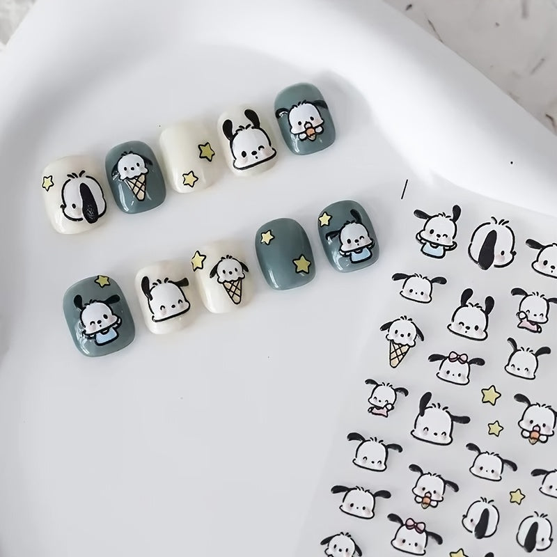 1 Cartoon Anime Themed 5D Embossed Pochacco Nail Art Decals, Self-Adhesive Plastic, Waterproof Fashion, Irregular Shape, Matte Finish, No Fragrance, Cute Kawaii Gift