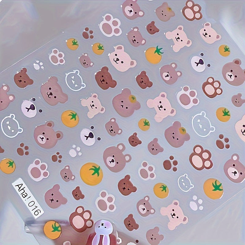 Cute Cartoon Nail Stickers, Adhesive Nail Art Decorations, DIY Nail Sticker Set with Bear Design, Self-Adhesive, Reusable