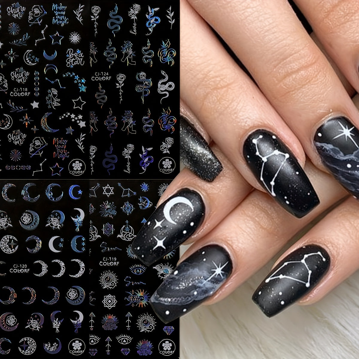 Mystical Nail Art Stickers Decals Set of 4, Geometric Fantasy Theme with Glitter, PET Self-Adhesive Embellishments, Moon Stars Eye Snake Irregular Shapes, Shimmery Finish, Single-Use Plastic Surface Decals