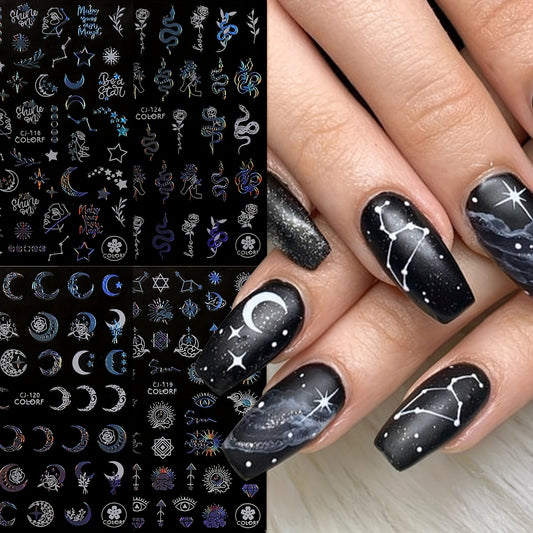 Mystical Nail Art Stickers Decals Set of 4, Geometric Fantasy Theme with Glitter, PET Self-Adhesive Embellishments, Moon Stars Eye Snake Irregular Shapes, Shimmery Finish, Single-Use Plastic Surface Decals