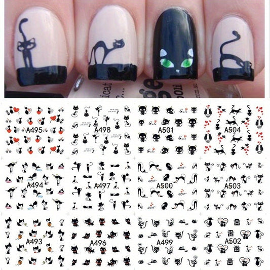 1 Sheet of Whimsical Black Cat & Dog Nail Art Stickers - 12 Unique Designs, Easy DIY Water Transfer Decals with Playful Animal Patterns for Creative Manicures, Nail Stickers