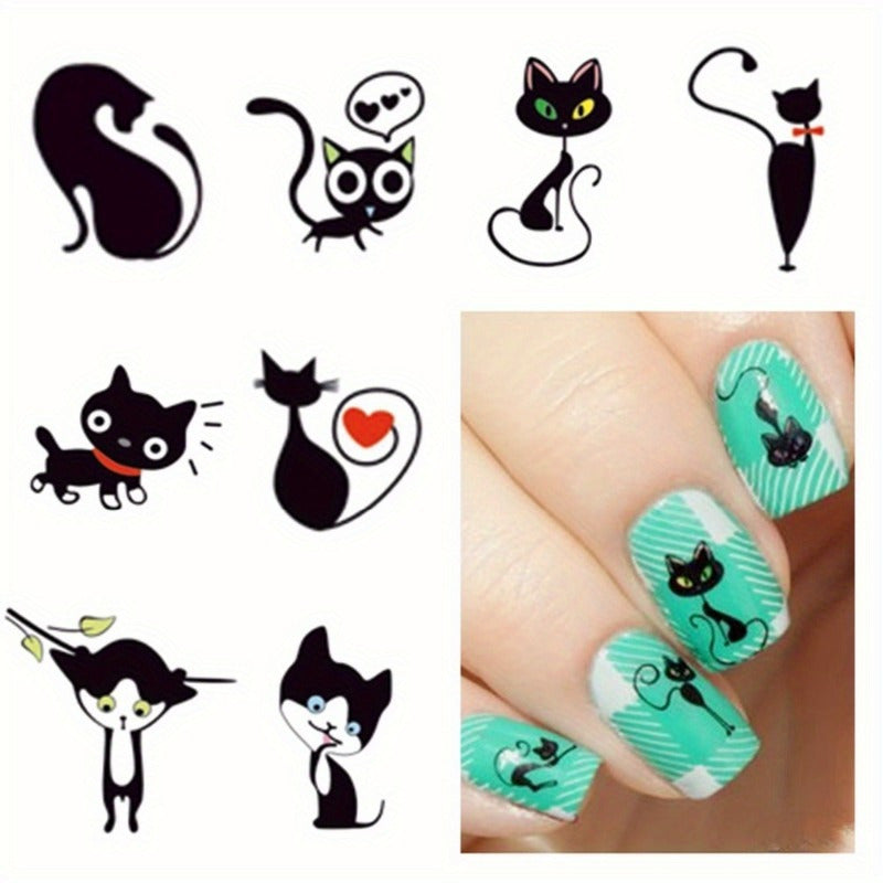 1 Sheet of Whimsical Black Cat & Dog Nail Art Stickers - 12 Unique Designs, Easy DIY Water Transfer Decals with Playful Animal Patterns for Creative Manicures, Nail Stickers