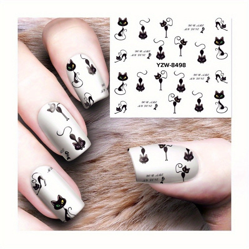 1 Sheet of Whimsical Black Cat & Dog Nail Art Stickers - 12 Unique Designs, Easy DIY Water Transfer Decals with Playful Animal Patterns for Creative Manicures, Nail Stickers