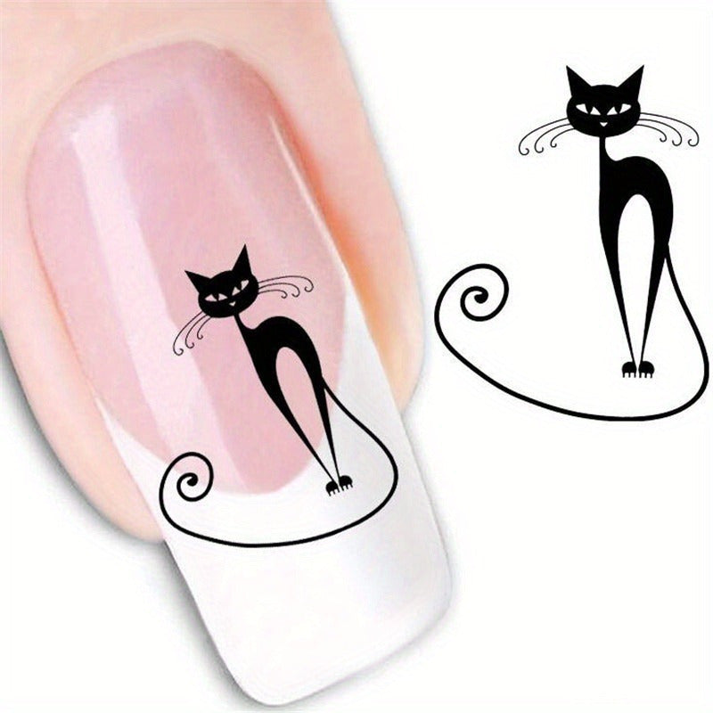 1 Sheet of Whimsical Black Cat & Dog Nail Art Stickers - 12 Unique Designs, Easy DIY Water Transfer Decals with Playful Animal Patterns for Creative Manicures, Nail Stickers