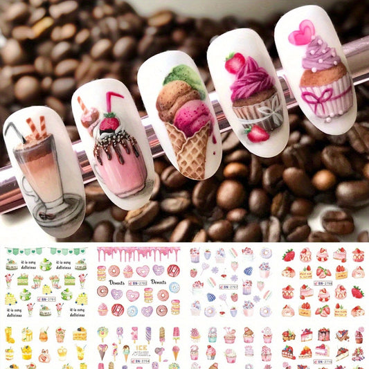 12 Sheet Cartoon Cake Ice Cream Pattern Design Nail Art Stickers, Fruit Cute Kawaii Pattern Nail Slider Water Transfer Nail Art Decals