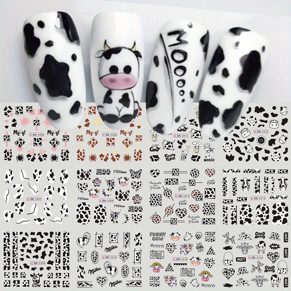 12 Designs Cute Cartoon Nail Decals Water Transfer Sliders Milk Paternal Milk Cow Animal Nail Art Stickers Watermark DIY Decor Manicure Nail Supplies 1 Sheets