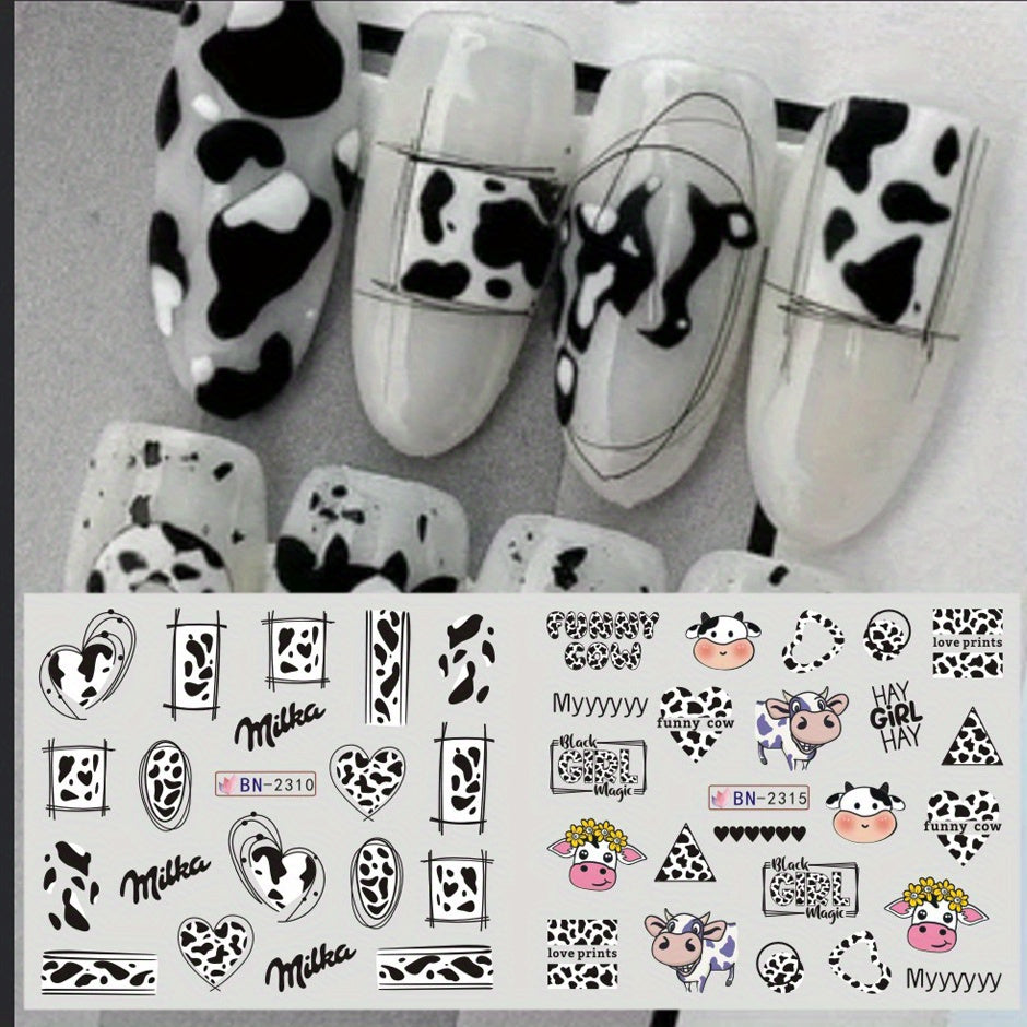 12 Designs Cute Cartoon Nail Decals Water Transfer Sliders Milk Paternal Milk Cow Animal Nail Art Stickers Watermark DIY Decor Manicure Nail Supplies 1 Sheets