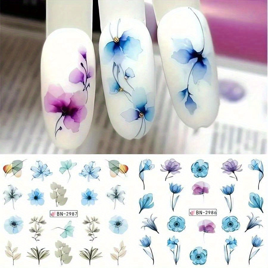 Floral Nail Art Water Transfer Decals - 1 Sheet/12 Styles Glossy Finish, Irregular Shape, Flower & Plant Pattern, Unscented, Glitter Embellished, Plastic Material, Self-Adhesive Stickers for Plastic Surface, Single Use Nail Art Accessories