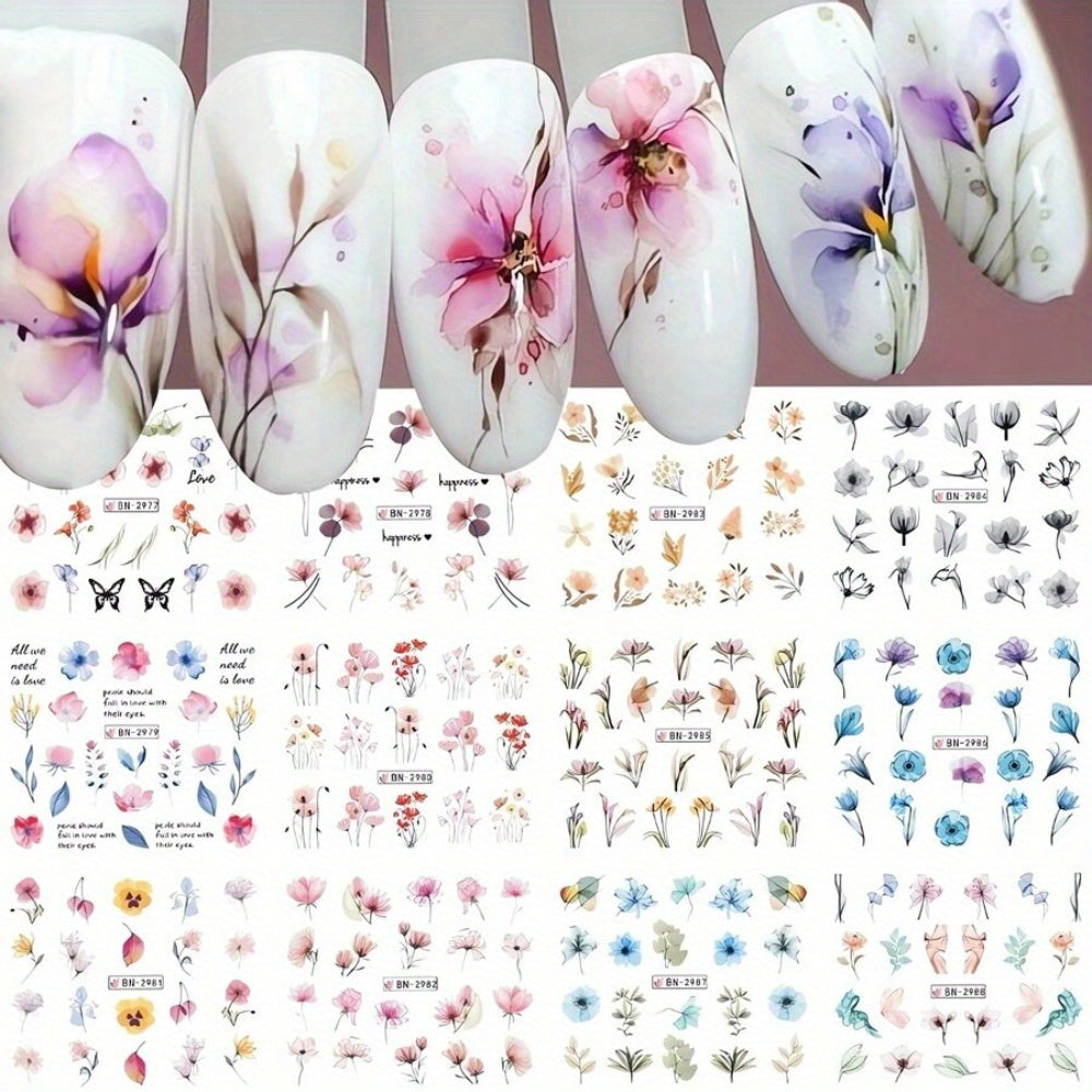 Floral Nail Art Water Transfer Decals - 1 Sheet/12 Styles Glossy Finish, Irregular Shape, Flower & Plant Pattern, Unscented, Glitter Embellished, Plastic Material, Self-Adhesive Stickers for Plastic Surface, Single Use Nail Art Accessories