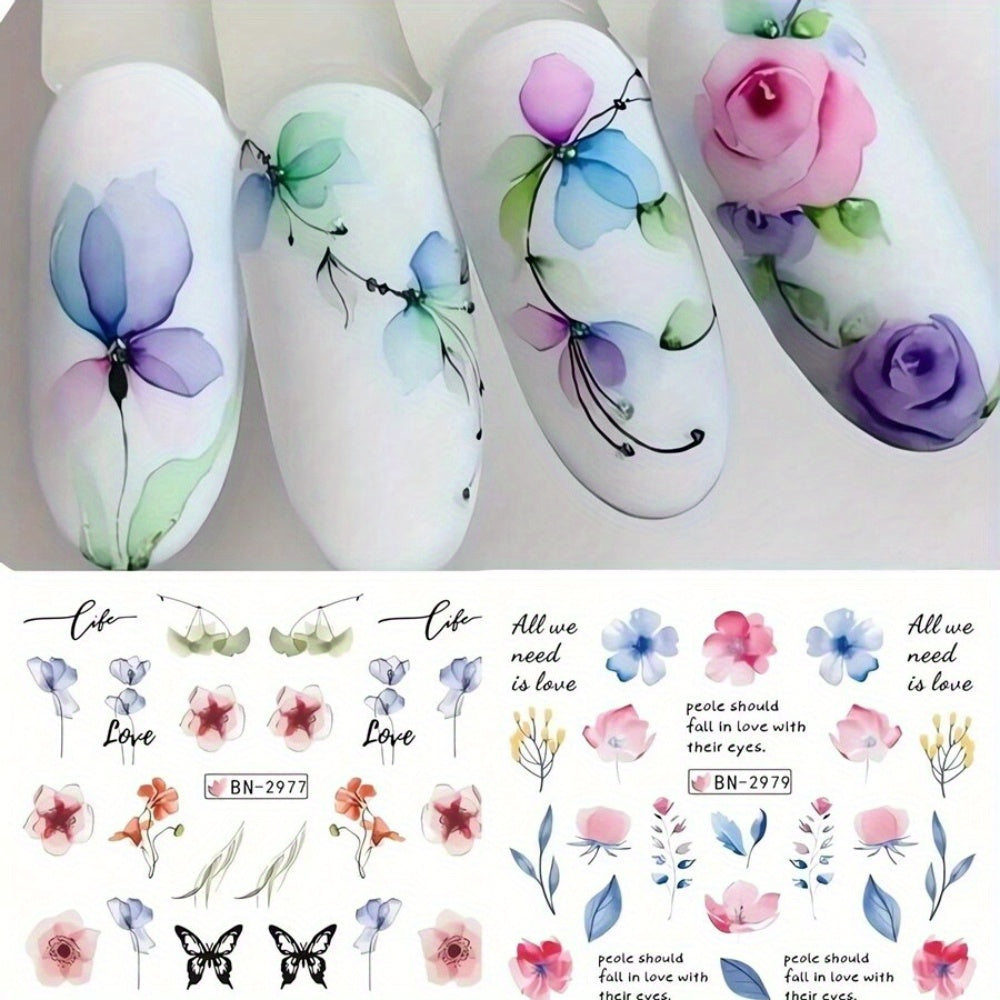 Floral Nail Art Water Transfer Decals - 1 Sheet/12 Styles Glossy Finish, Irregular Shape, Flower & Plant Pattern, Unscented, Glitter Embellished, Plastic Material, Self-Adhesive Stickers for Plastic Surface, Single Use Nail Art Accessories