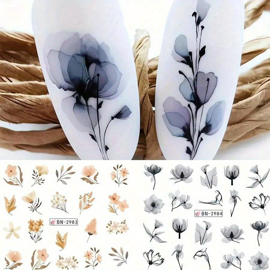 Floral Nail Art Water Transfer Decals - 1 Sheet/12 Styles Glossy Finish, Irregular Shape, Flower & Plant Pattern, Unscented, Glitter Embellished, Plastic Material, Self-Adhesive Stickers for Plastic Surface, Single Use Nail Art Accessories