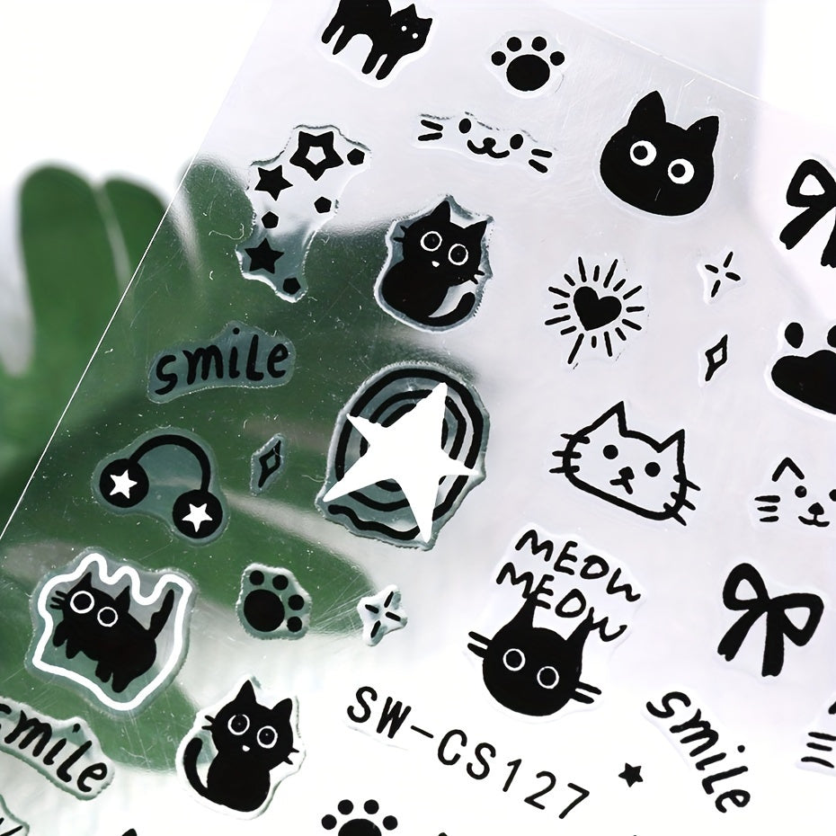 Sparkling Black Cat Nail Art Stickers - Self-Adhesive, Reusable Decals for Easy DIY Manicure | Glossy Finish, Animal Theme, Unscented Plastic