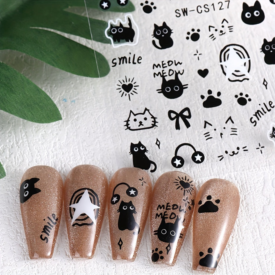 Sparkling Black Cat Nail Art Stickers - Self-Adhesive, Reusable Decals for Easy DIY Manicure | Glossy Finish, Animal Theme, Unscented Plastic