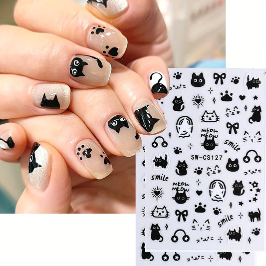 Sparkling Black Cat Nail Art Stickers - Self-Adhesive, Reusable Decals for Easy DIY Manicure | Glossy Finish, Animal Theme, Unscented Plastic