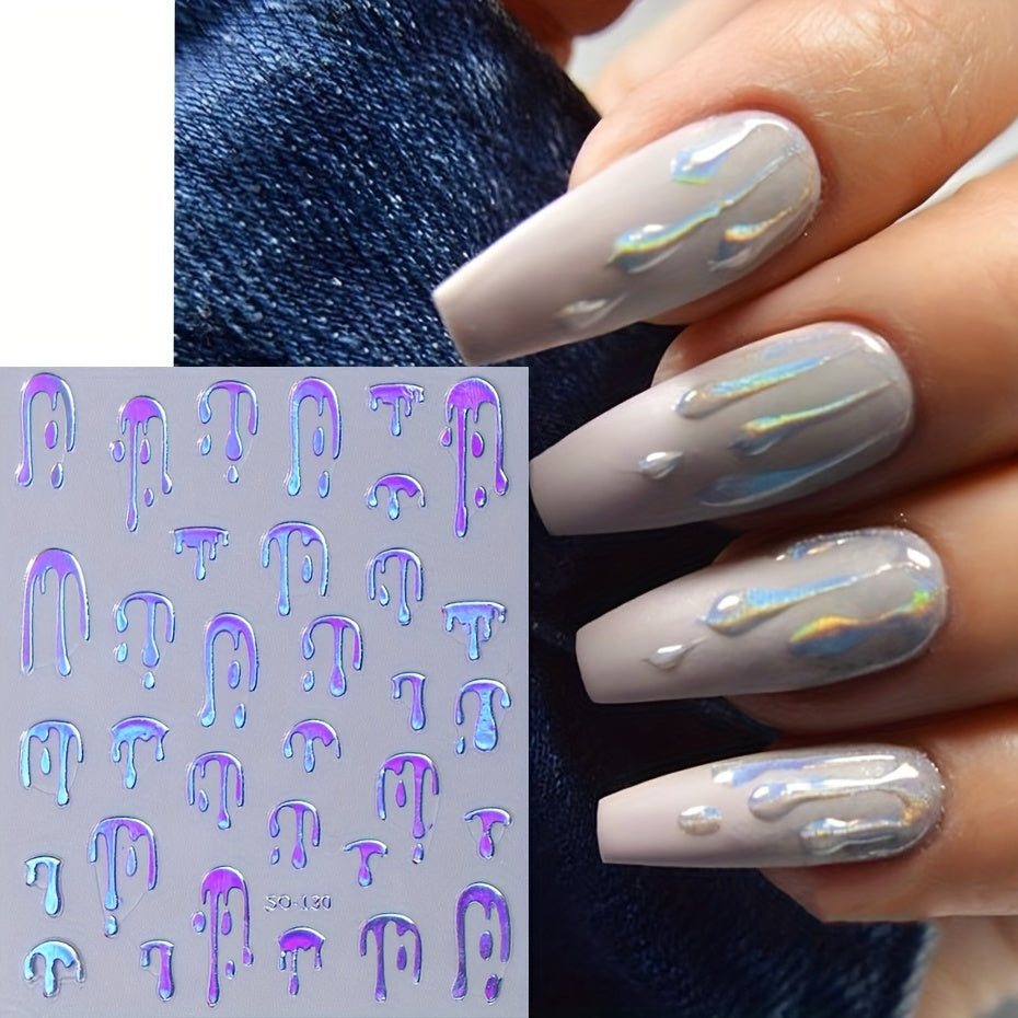 4 Pack Glossy Fantasy Nail Art Stickers - Self-Adhesive Glitter Dripping Pattern Decals for Women's Manicure, Rectangle Shape with Stripe Theme, Single Use, Plastic Surface Embellishment