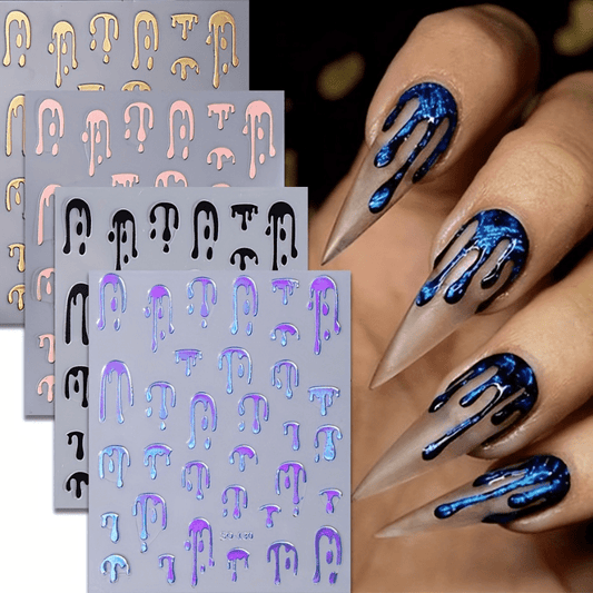 4 Pack Glossy Fantasy Nail Art Stickers - Self-Adhesive Glitter Dripping Pattern Decals for Women's Manicure, Rectangle Shape with Stripe Theme, Single Use, Plastic Surface Embellishment