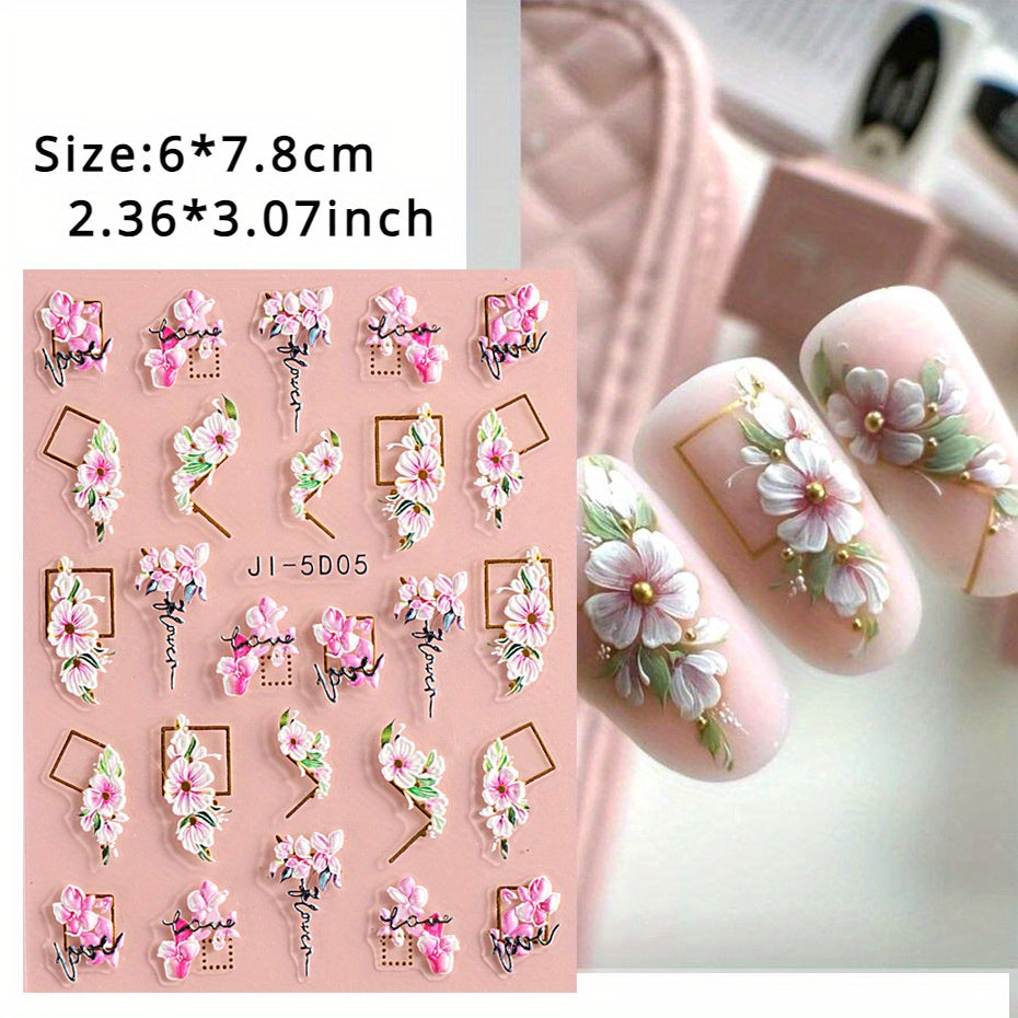 5D Embossed Rose & Tulip Nail Art Stickers - Self-Adhesive, Glitter Accents for DIY Manicure, Perfect for Women and Girls