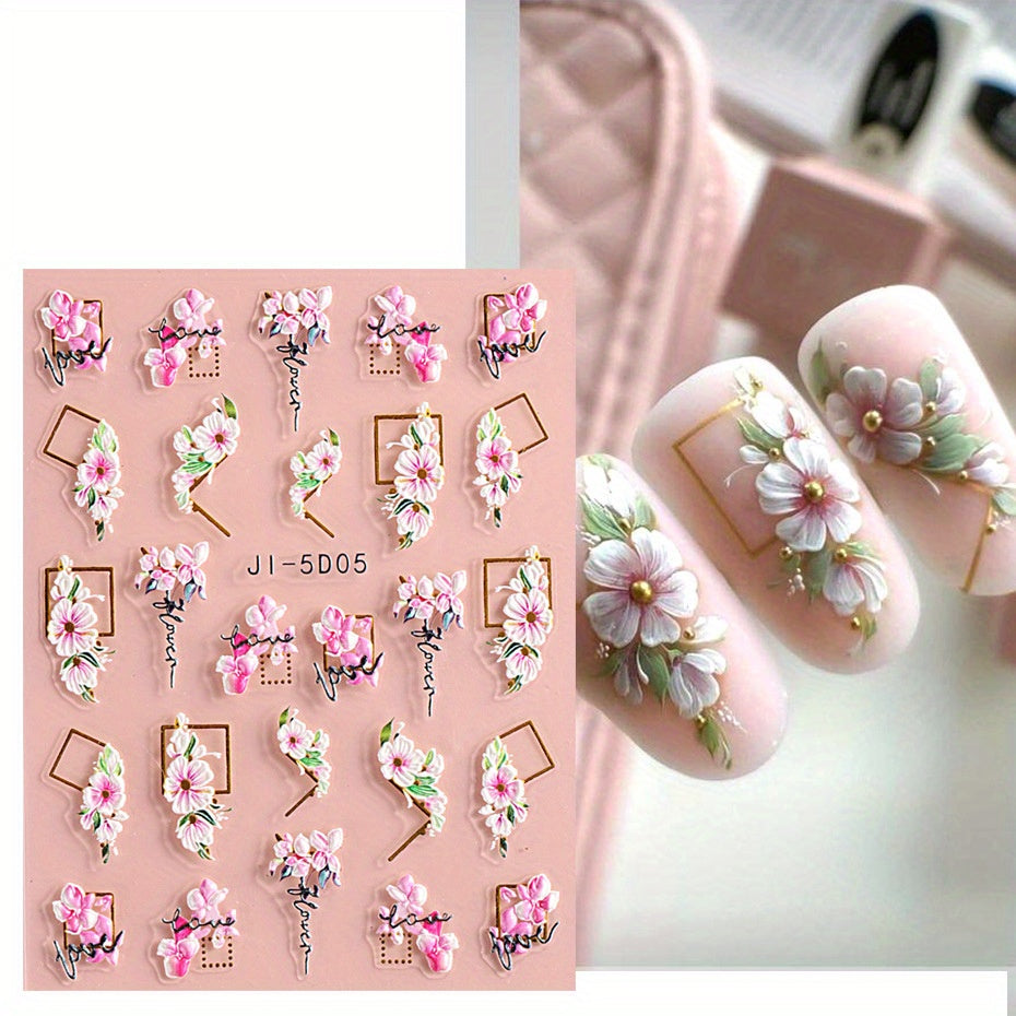 5D Embossed Rose & Tulip Nail Art Stickers - Self-Adhesive, Glitter Accents for DIY Manicure, Perfect for Women and Girls