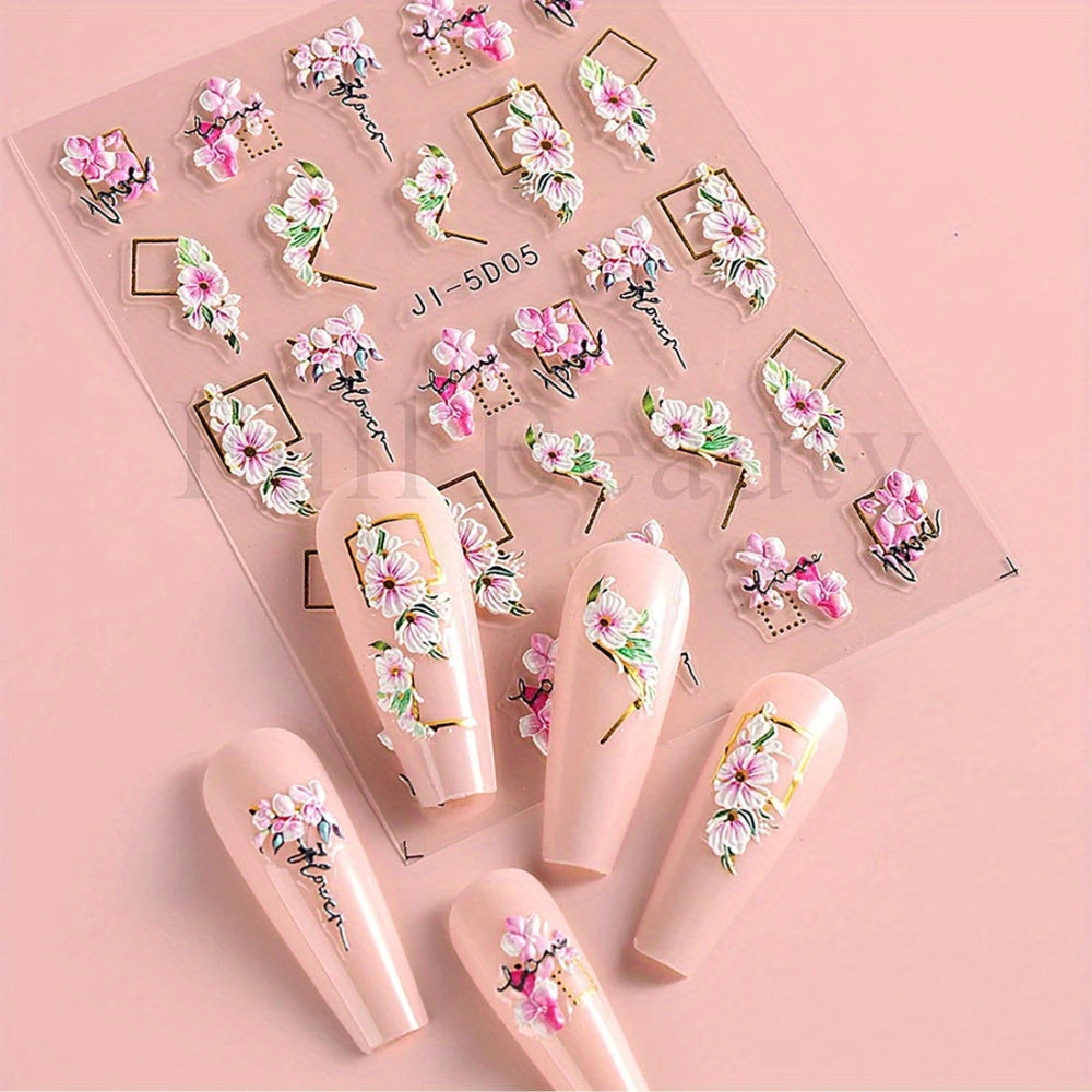 5D Embossed Rose & Tulip Nail Art Stickers - Self-Adhesive, Glitter Accents for DIY Manicure, Perfect for Women and Girls