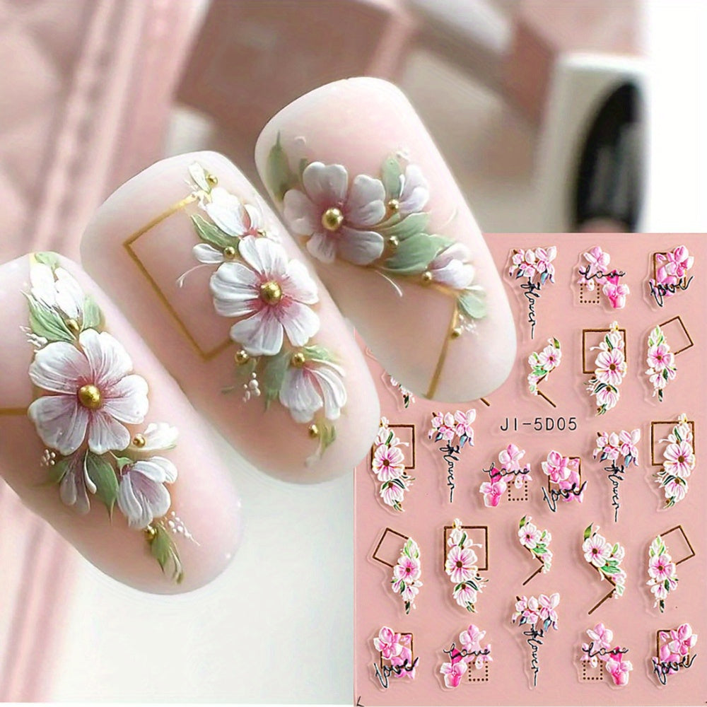 5D Embossed Rose & Tulip Nail Art Stickers - Self-Adhesive, Glitter Accents for DIY Manicure, Perfect for Women and Girls