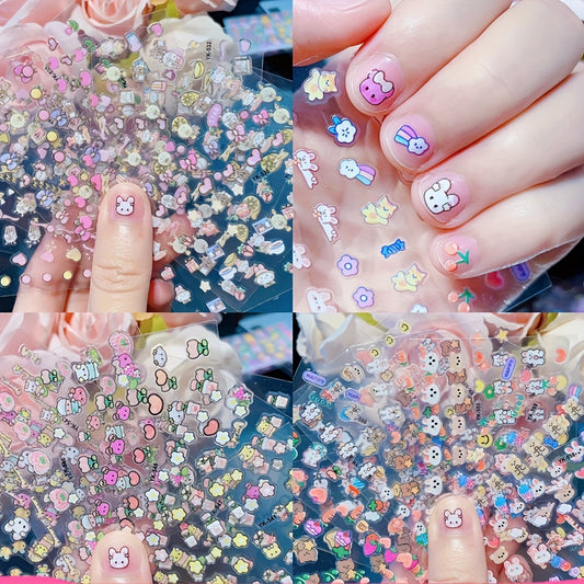 10 Pcs Cute Cartoon Nail Art Stickers Set - Sparkling Rabbit & More, Self-Adhesive Decals for Women and Girls - Nail Accessories for Fun and Festive Designs