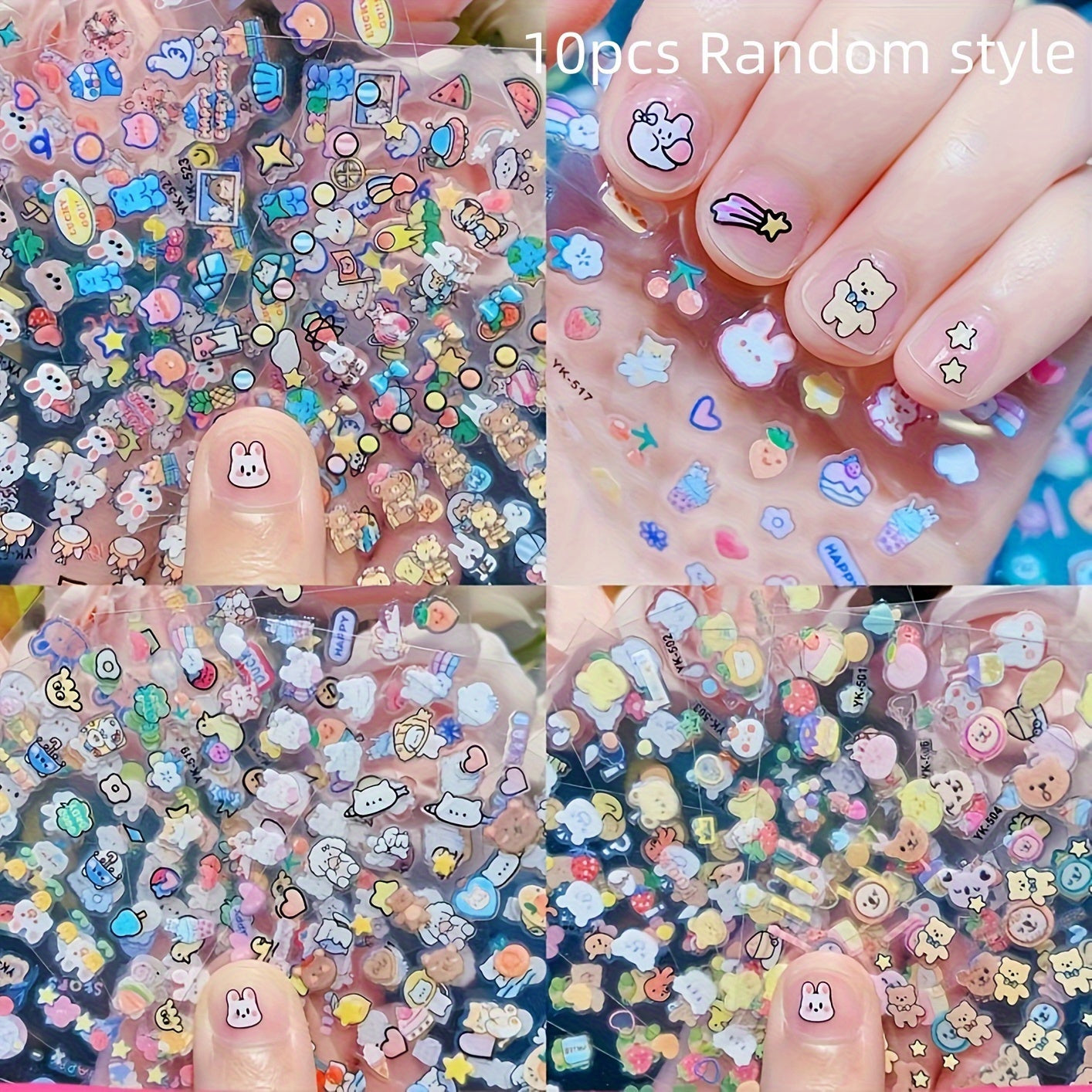 10 Pcs Cute Cartoon Nail Art Stickers Set - Sparkling Rabbit & More, Self-Adhesive Decals for Women and Girls - Nail Accessories for Fun and Festive Designs