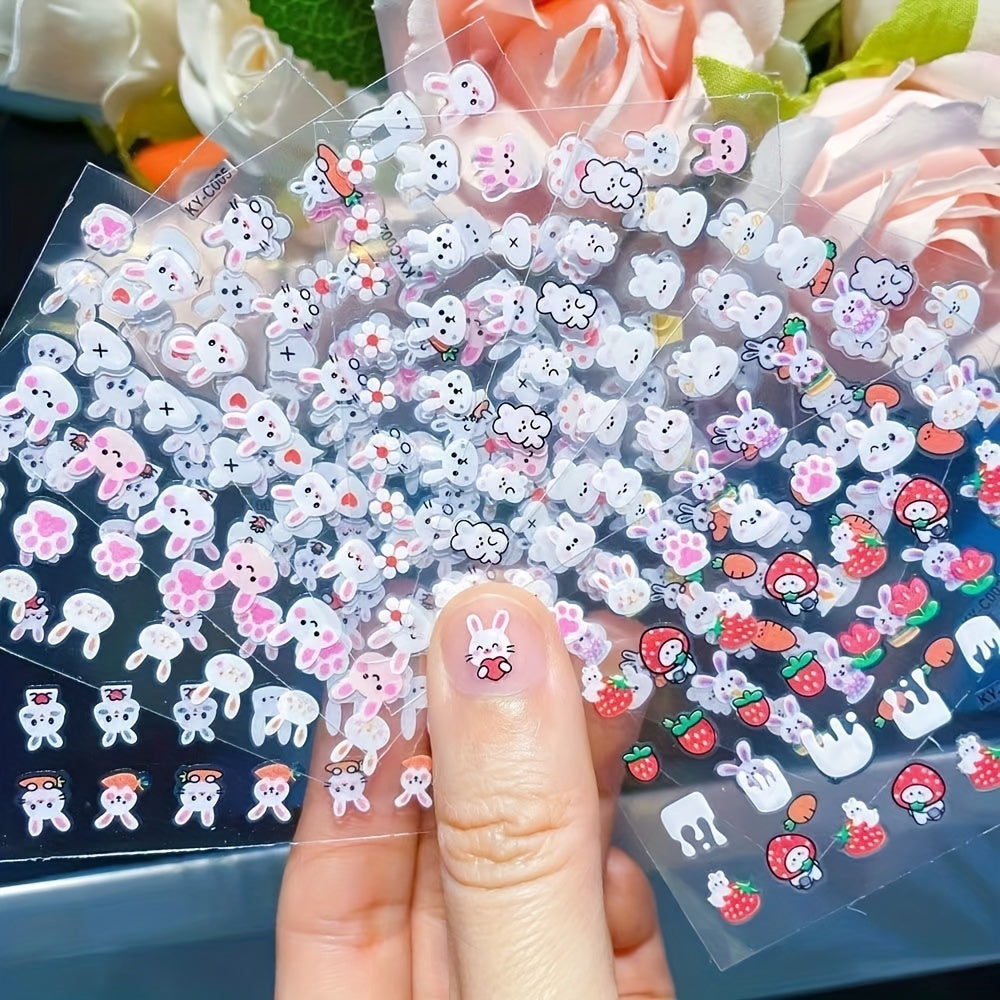 10 Pcs Cute Cartoon Nail Art Stickers Set - Sparkling Rabbit & More, Self-Adhesive Decals for Women and Girls - Nail Accessories for Fun and Festive Designs