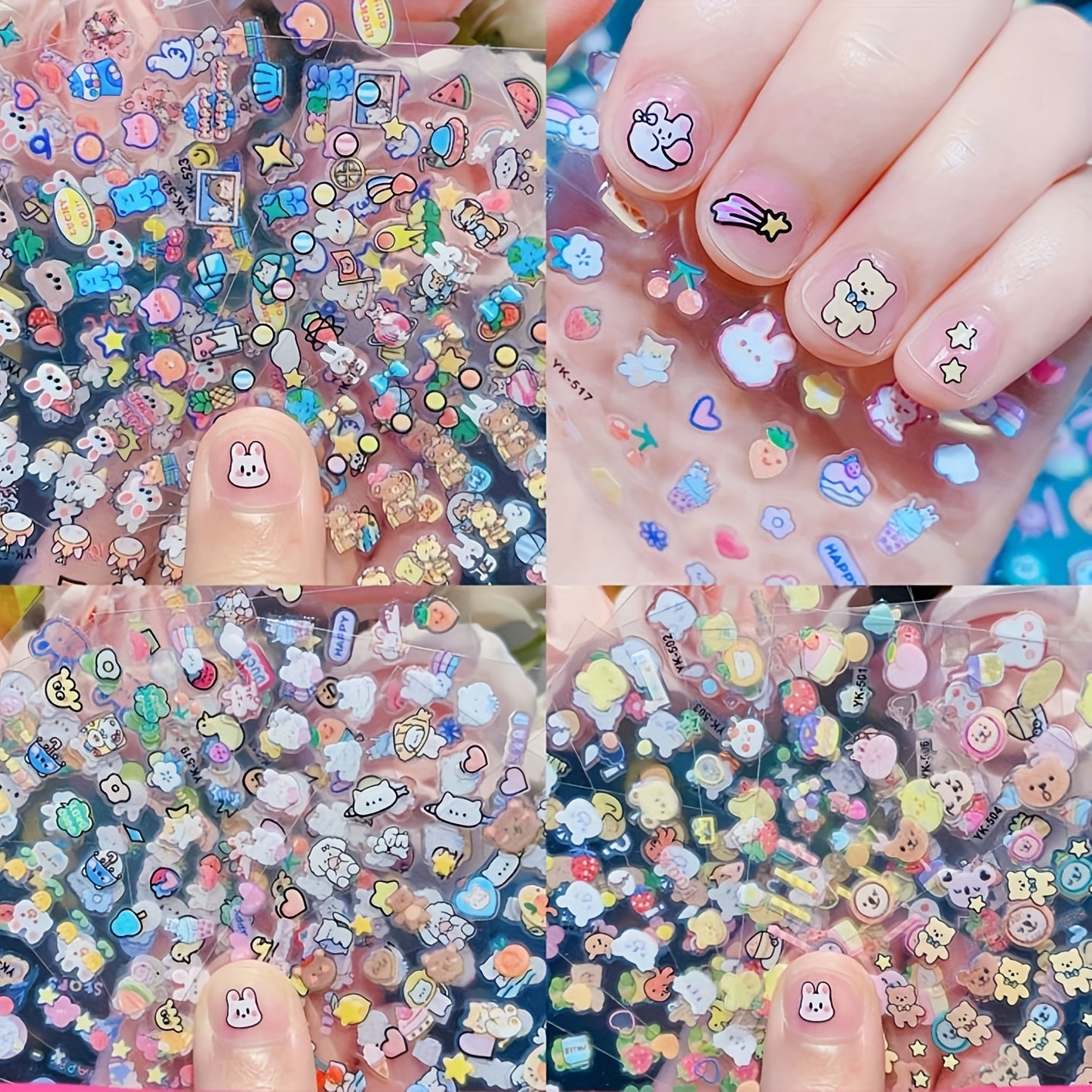 10 Pcs Cute Cartoon Nail Art Stickers Set - Sparkling Rabbit & More, Self-Adhesive Decals for Women and Girls - Nail Accessories for Fun and Festive Designs