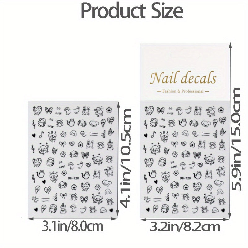 4pcs Sparkling Cartoon Animal Nail Art Stickers - Cute Cat, Dog & Rabbit Designs | Reusable Self-Adhesive Decals for Nails, Perfect for DIY Manicure & Pedicure | Dazzling Black & White Graffiti Style | Easy Apply PVC Nail Wraps