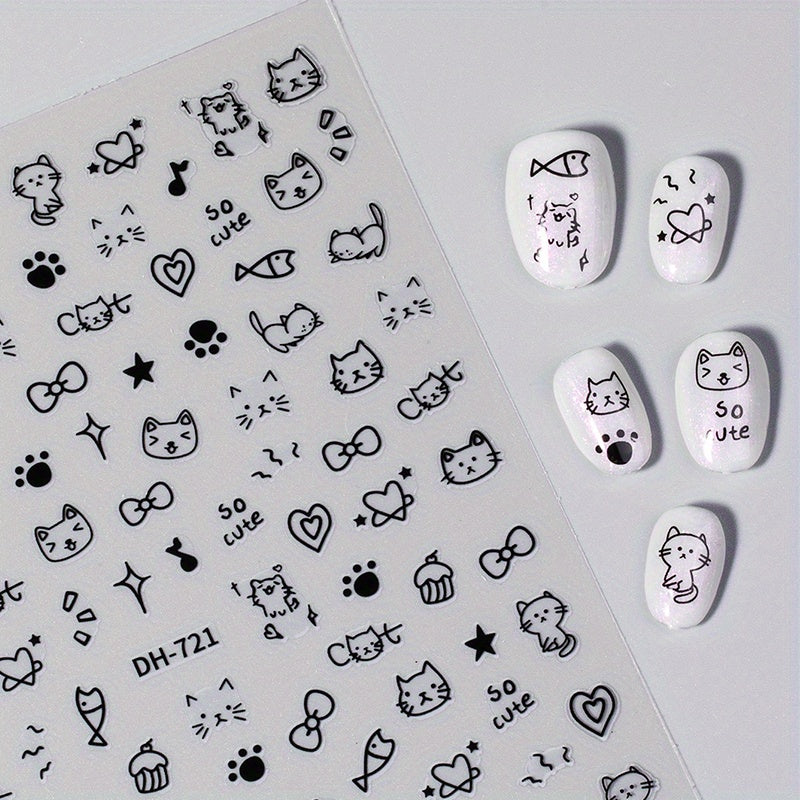 4pcs Sparkling Cartoon Animal Nail Art Stickers - Cute Cat, Dog & Rabbit Designs | Reusable Self-Adhesive Decals for Nails, Perfect for DIY Manicure & Pedicure | Dazzling Black & White Graffiti Style | Easy Apply PVC Nail Wraps