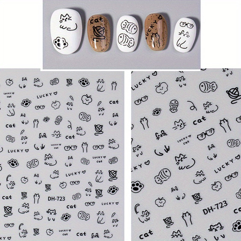 4pcs Sparkling Cartoon Animal Nail Art Stickers - Cute Cat, Dog & Rabbit Designs | Reusable Self-Adhesive Decals for Nails, Perfect for DIY Manicure & Pedicure | Dazzling Black & White Graffiti Style | Easy Apply PVC Nail Wraps