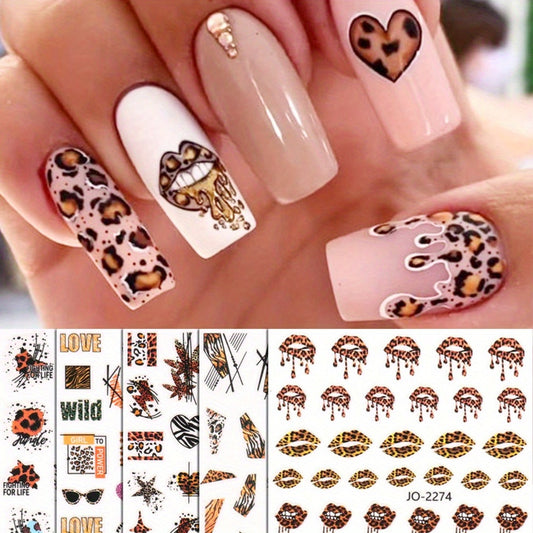 5pcs Mixed Animal Print Nail Stickers – Colorful Leopard, Lips, Glasses & Alphabet Designs | Self-Adhesive 3D Decals for DIY Manicure | Glamorous & Playful Themes for Salon-Quality Nail Art, Nail Sticker Set|Thematic Nail Decor|Vibrant Nail Designs, Nail