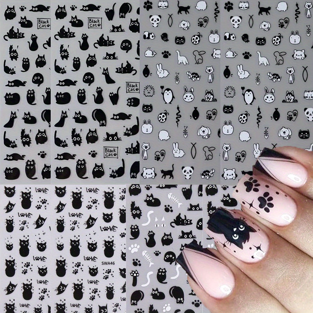 8 Black Cat Nail Art stickers 5D Cat embossed Nail stickers Cute black cat claws summer nail design, nail stickers for nail art decoration