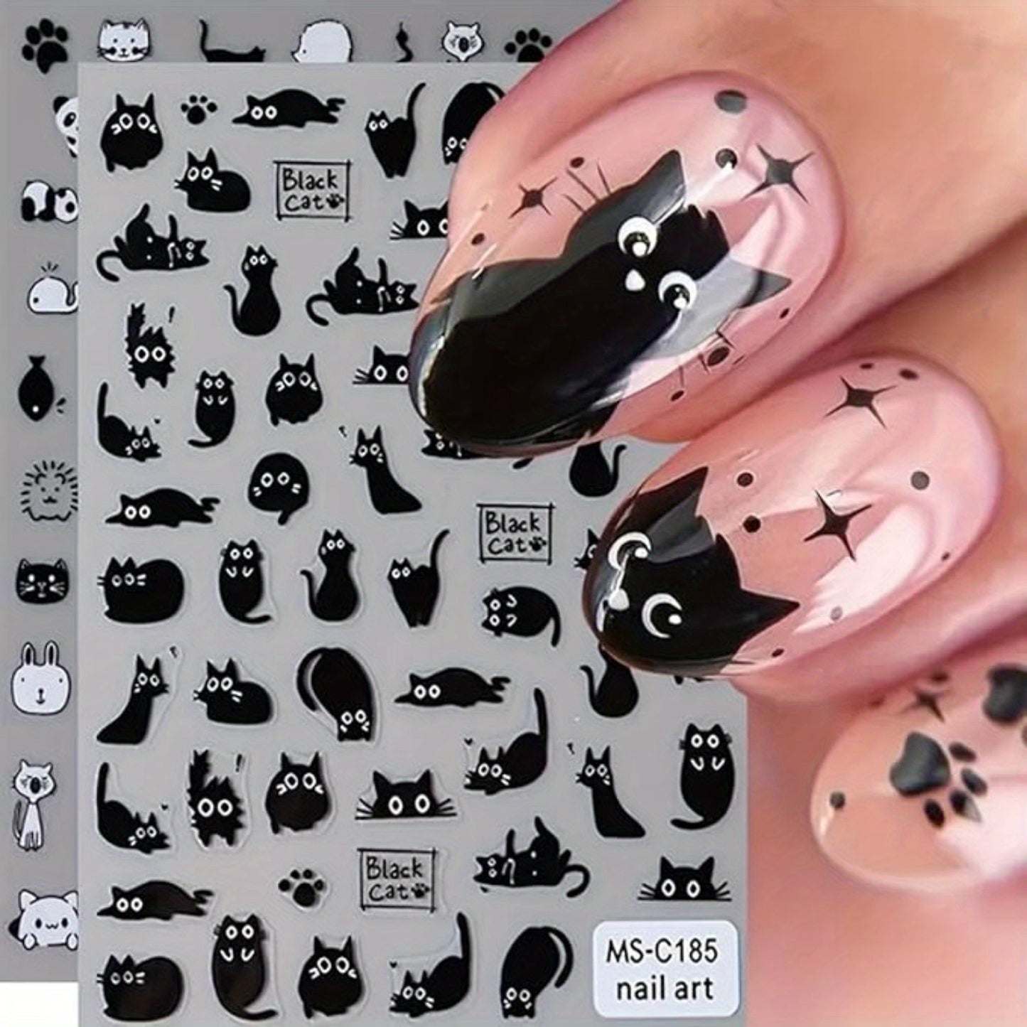 8 Black Cat Nail Art stickers 5D Cat embossed Nail stickers Cute black cat claws summer nail design, nail stickers for nail art decoration