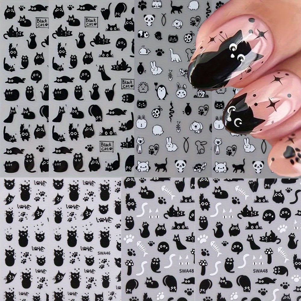 8 Black Cat Nail Art stickers 5D Cat embossed Nail stickers Cute black cat claws summer nail design, nail stickers for nail art decoration