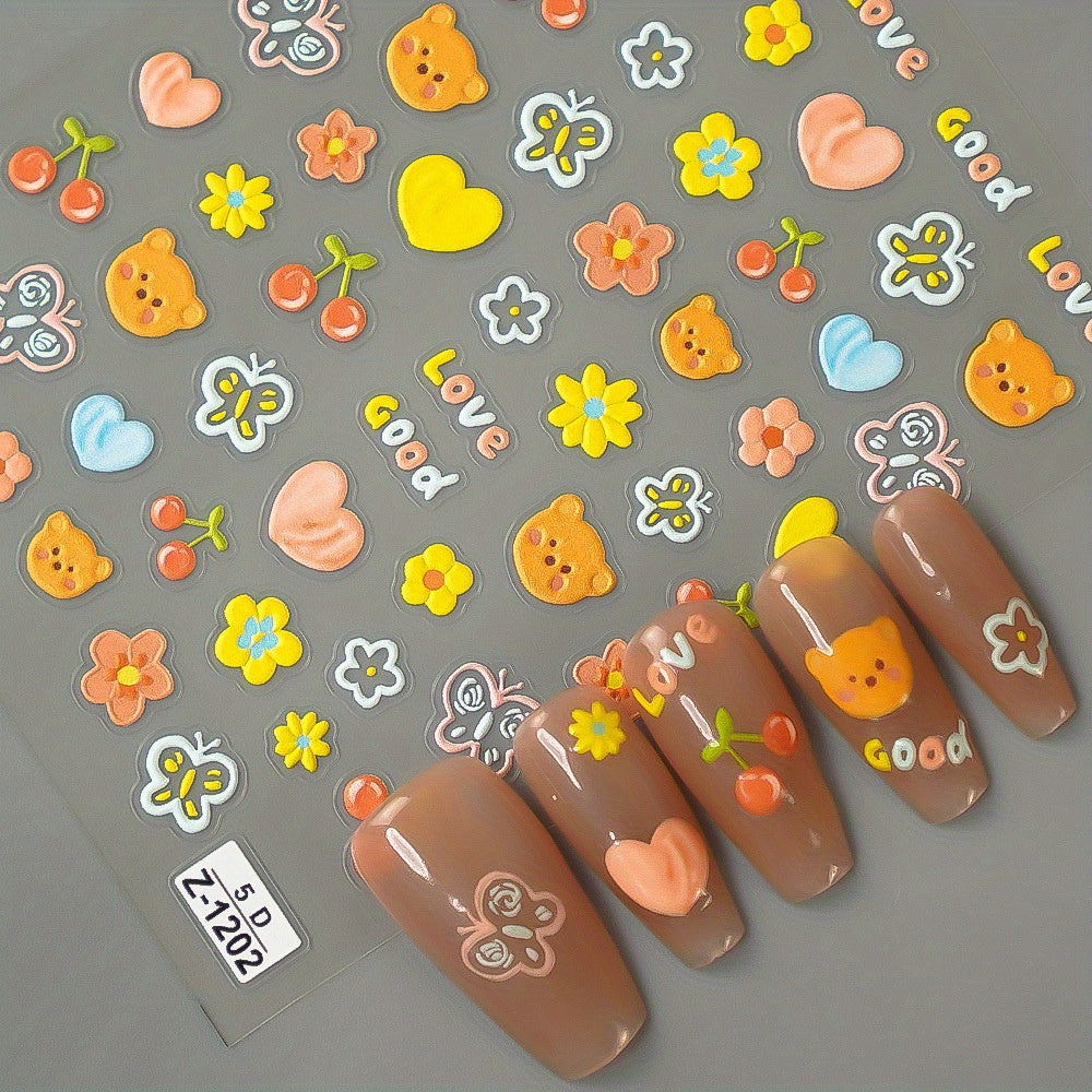 3D Embossed Cartoon Cute Bear Nail Stickers with Adhesive for Nail Art