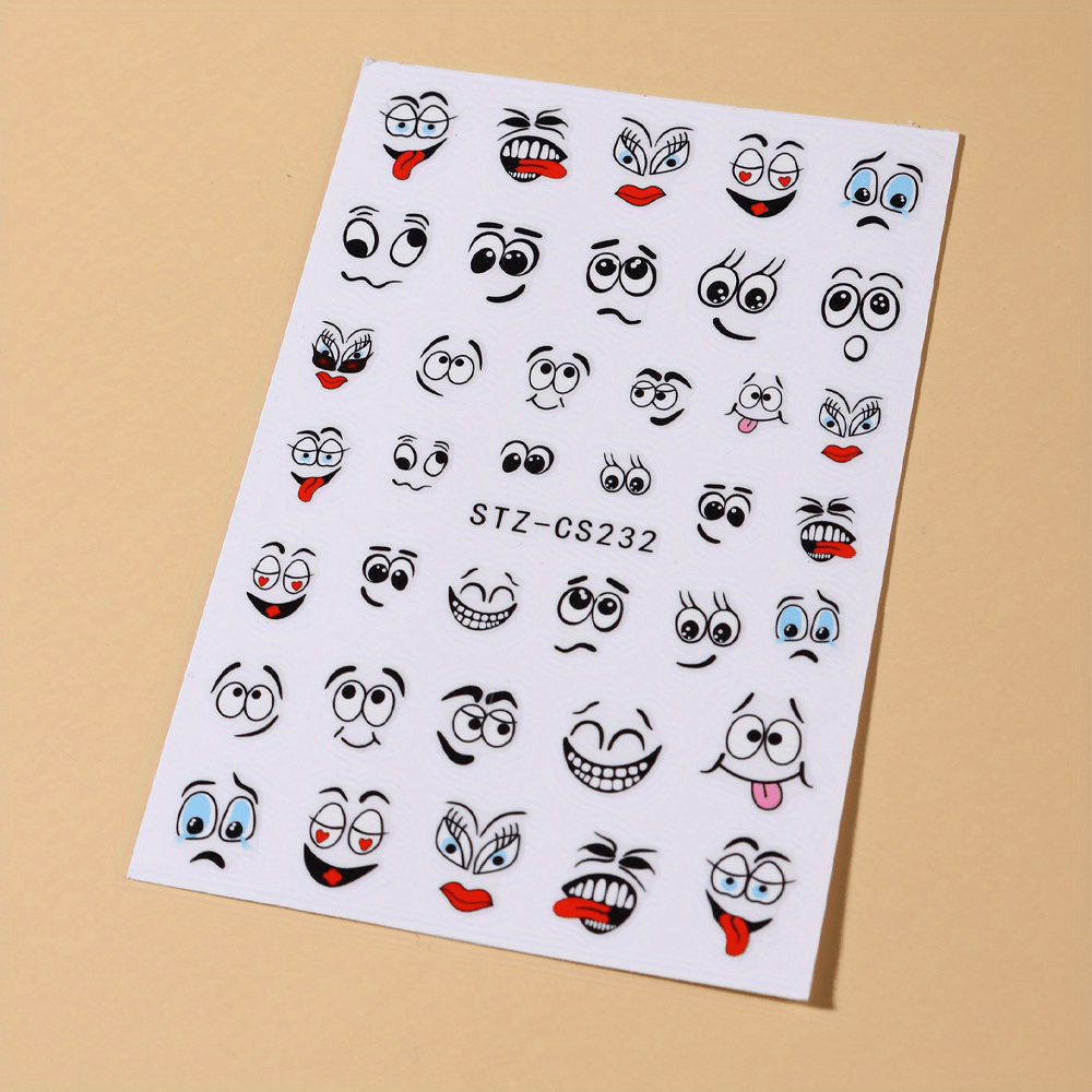 1 Sheet Cartoon Graffiti Style Nail Stickers, Kawaii Smile Face Decals, Funny Facial Expressions, DIY Manicure Design, Matte Finish, Irregular Shapes, Reusable, Plastic Surface, Glitter Accents, Self-Adhesive