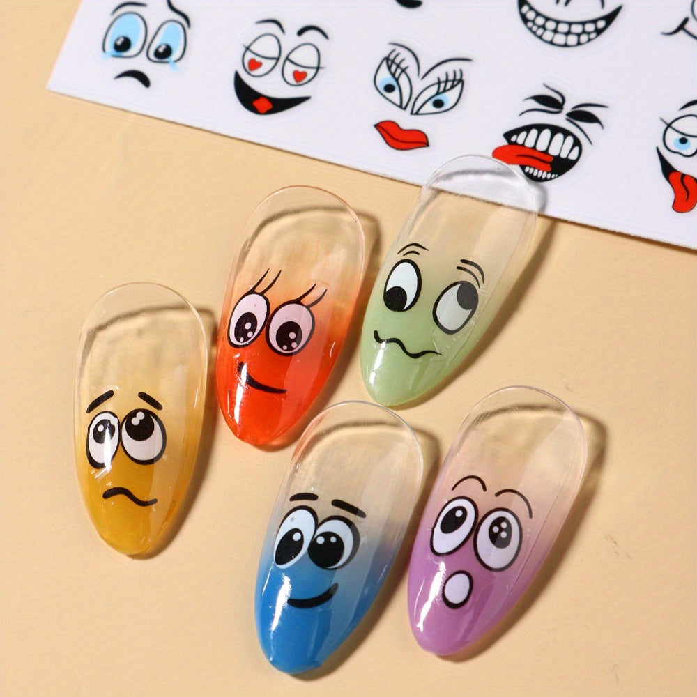 1 Sheet Cartoon Graffiti Style Nail Stickers, Kawaii Smile Face Decals, Funny Facial Expressions, DIY Manicure Design, Matte Finish, Irregular Shapes, Reusable, Plastic Surface, Glitter Accents, Self-Adhesive